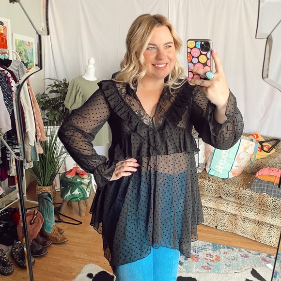 Zara Tops - zara black mesh long sleeve polka dot tunic blouse